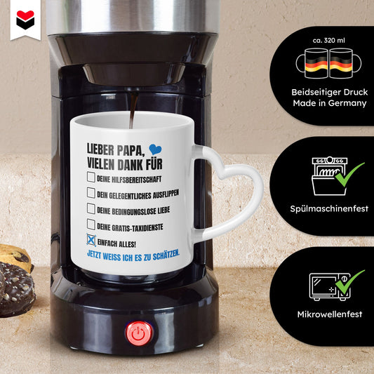 22Feels® Geschenk für Papas - Tasse mit Spruch: Vielen Dank (Herzhenkel, Weiss, 320ml)-Tasse Weiss Herzhenkel 320ml-22Feels
