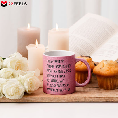 22Feels® Geschenk für Grossen Bruder - Glitzertasse mit Spruch (Pink, 320ml)-Glitzertasse Pink 320ml-22Feels