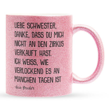 22Feels® Schwester Geschenk von Bruder - Glitzertasse mit Spruch (Pink, 320ml)-Glitzertasse Pink 320ml-22Feels