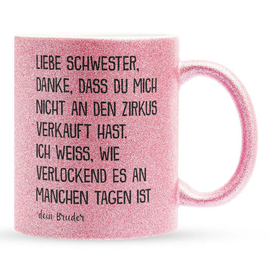 22Feels® Schwester Geschenk von Bruder - Glitzertasse mit Spruch (Pink, 320ml)-Glitzertasse Pink 320ml-22Feels