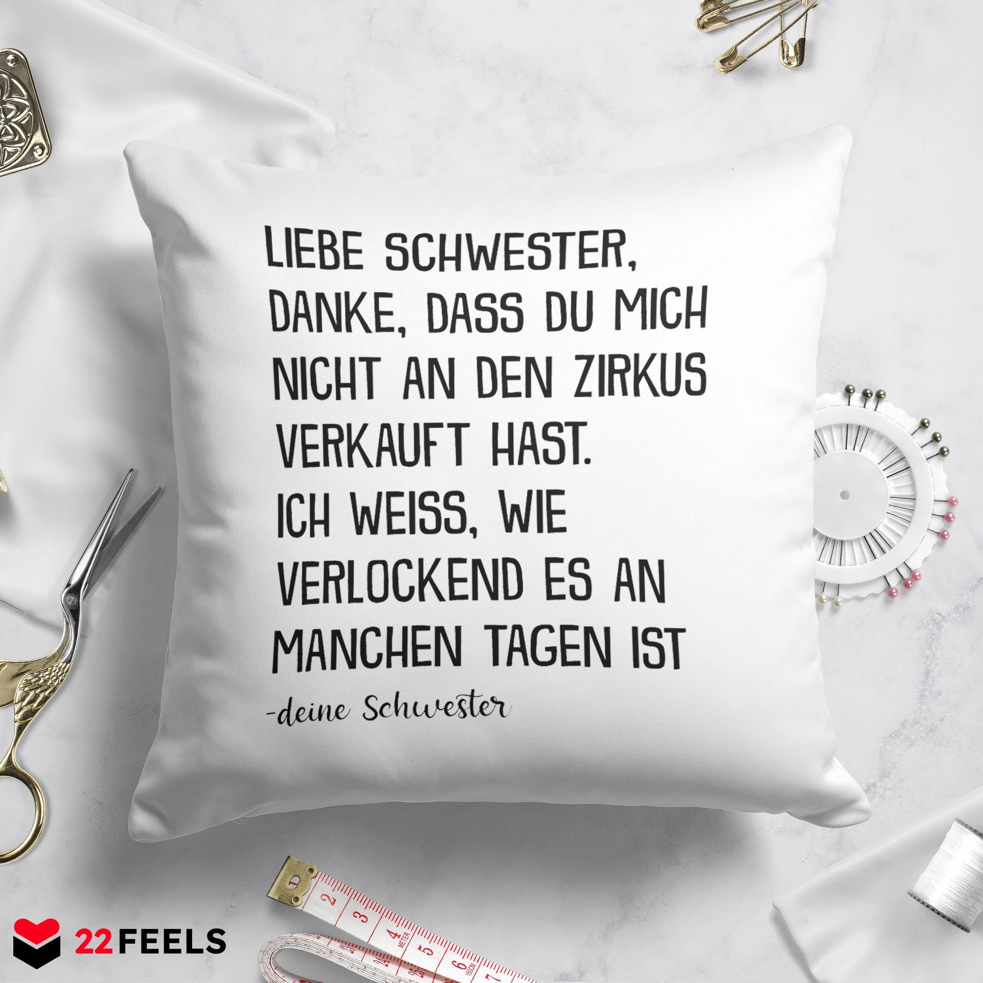 22Feels® Schwester Geschenk von Schwester - Kissen mit Spruch (Weiss 40x40cm)-Kissen Weiss 40x40-22Feels