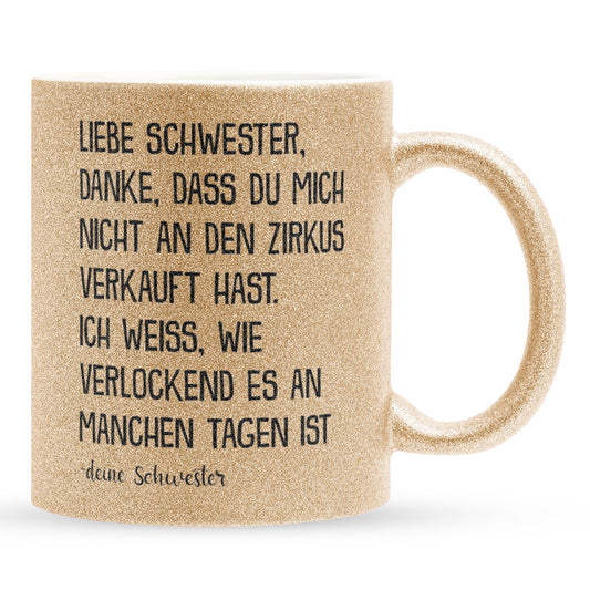 22Feels® Schwester Geschenk von Schwester - Glitzertasse mit Spruch (Gold, 320ml)-Glitzertasse Gold 320ml-22Feels