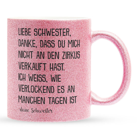 22Feels® Schwester Geschenk von Schwester - Glitzertasse mit Spruch (Pink, 320ml)-Glitzertasse Pink 320ml-22Feels