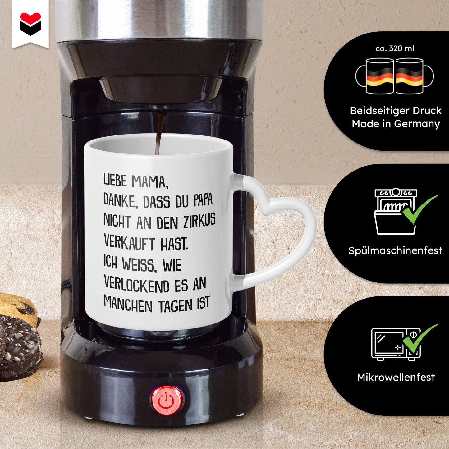 22Feels® Geschenk für Mamas - Tasse mit Spruch: Zirkus 'Papa' (Herzhenkel, Weiss, 320ml)-Tasse Weiss Herzhenkel 320ml-22Feels