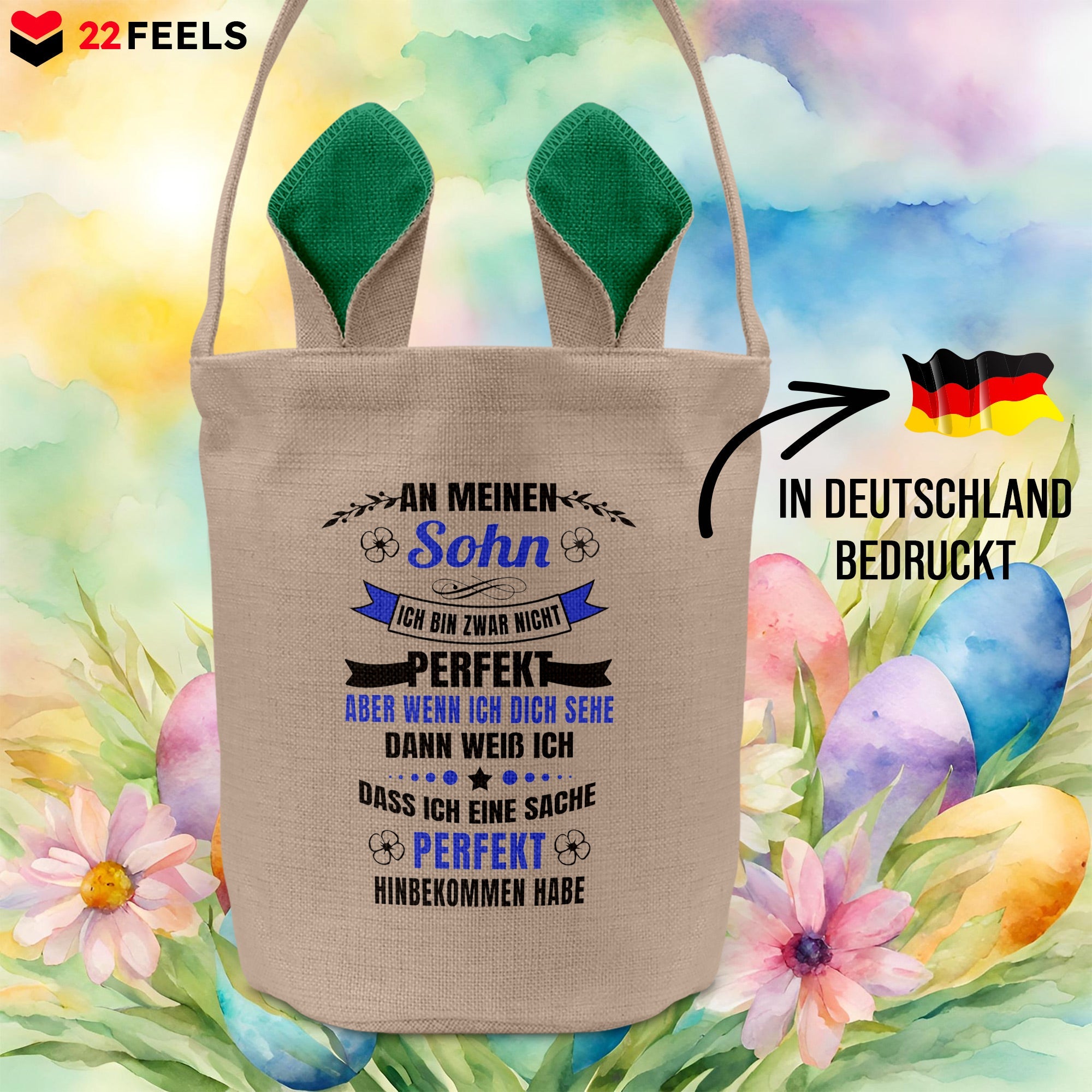22Feels® Sohn Kinder Osterkorb mit Henkel Ostergeschenk Tragetasche Ostern Deko Osternest Körbchen Hasenohren (Beige/Grün)-Ostern Tragetasche-22Feels