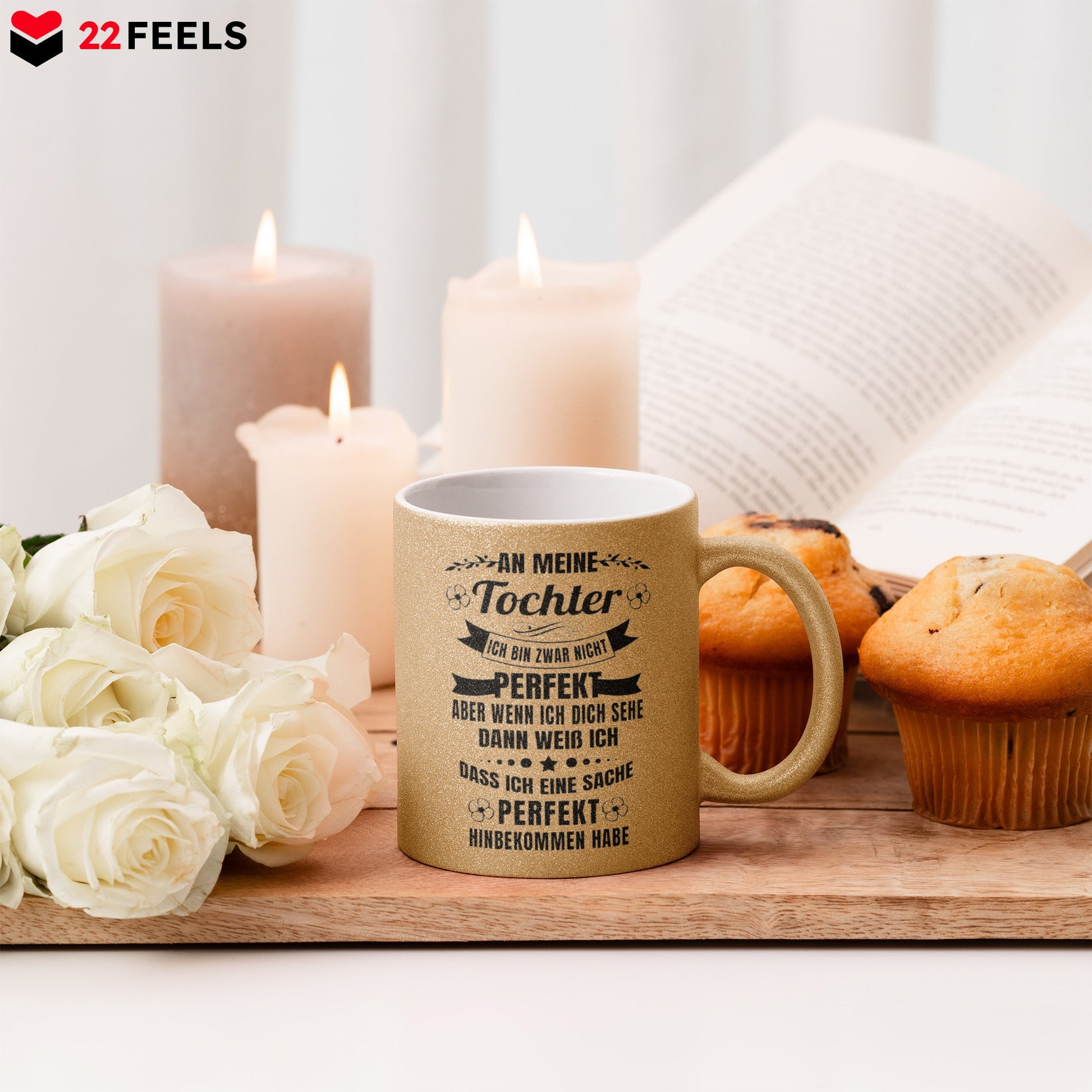 22Feels® Tochter Geschenk - Glitzertasse mit Spruch (Gold, 320ml)-Glitzertasse Gold 320ml-22Feels