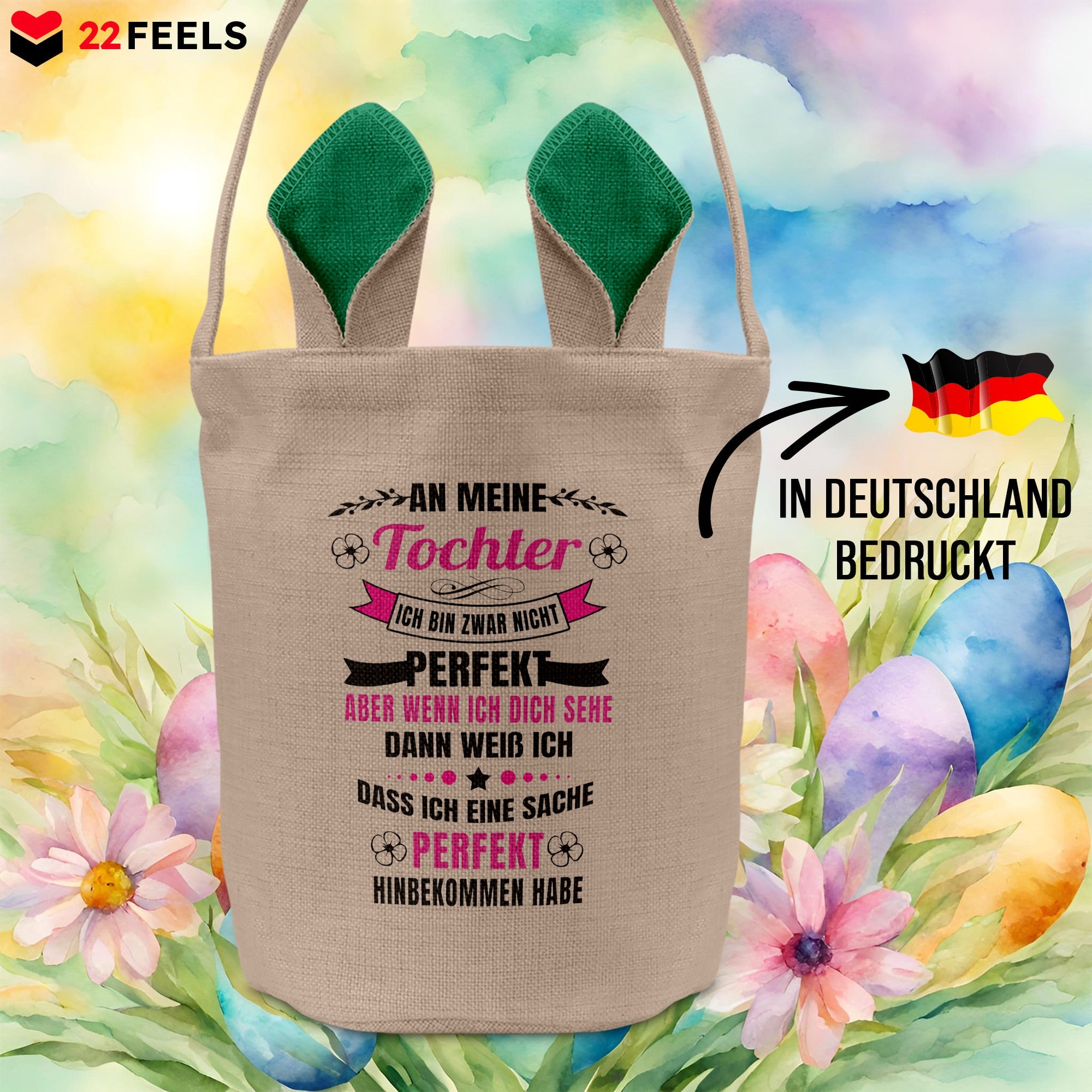 22Feels® Tochter Kinder Osterkorb mit Henkel Ostergeschenk Tragetasche Ostern Deko Osternest Körbchen Hasenohren (Beige/Grün)-Ostern Tragetasche-22Feels