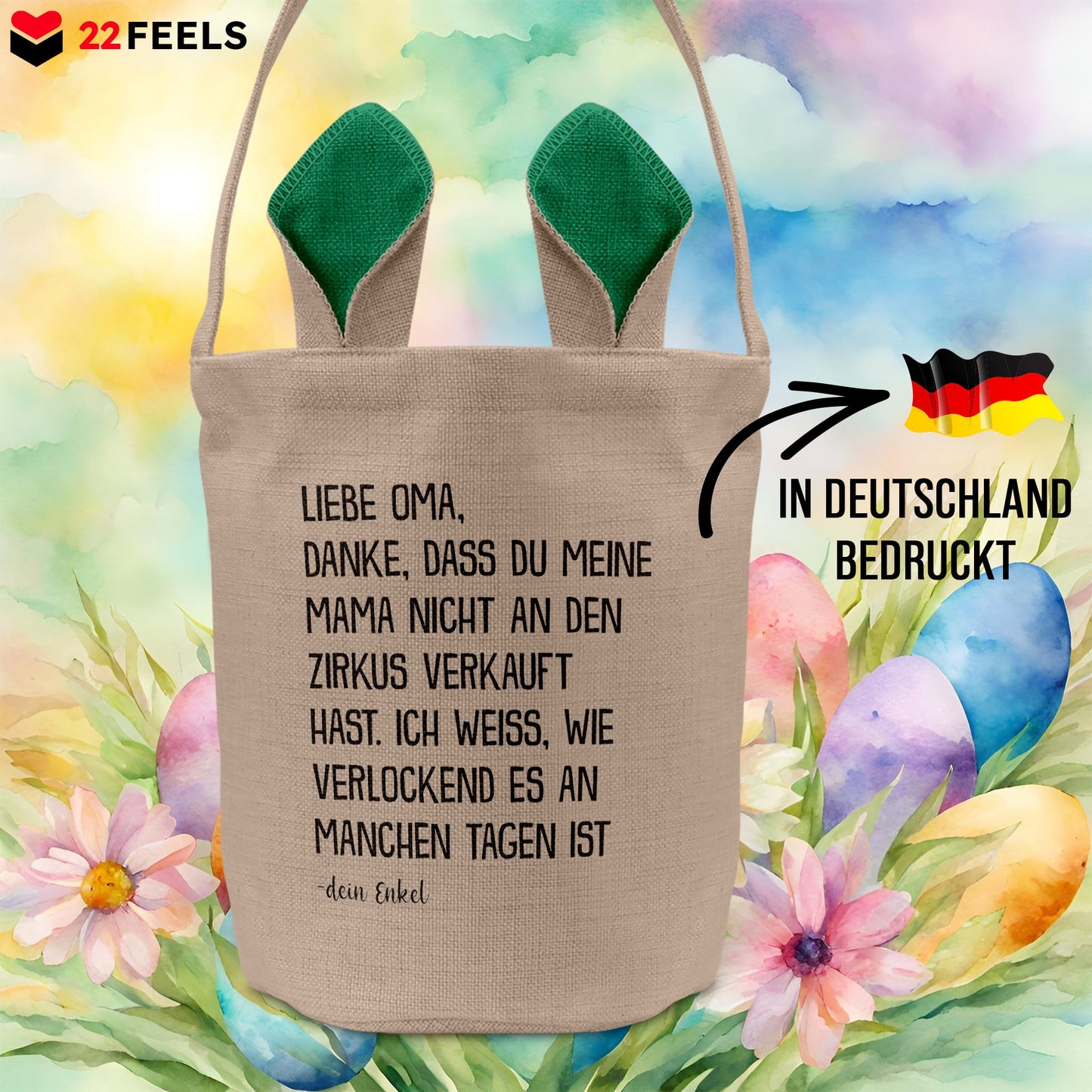 22Feels® Oma Osterkorb von Enkel Grossmutter mit Henkel Ostergeschenk Tragetasche Ostern Deko Osternest Körbchen Hasenohren (Beige/Grün)-Ostern Tragetasche-22Feels