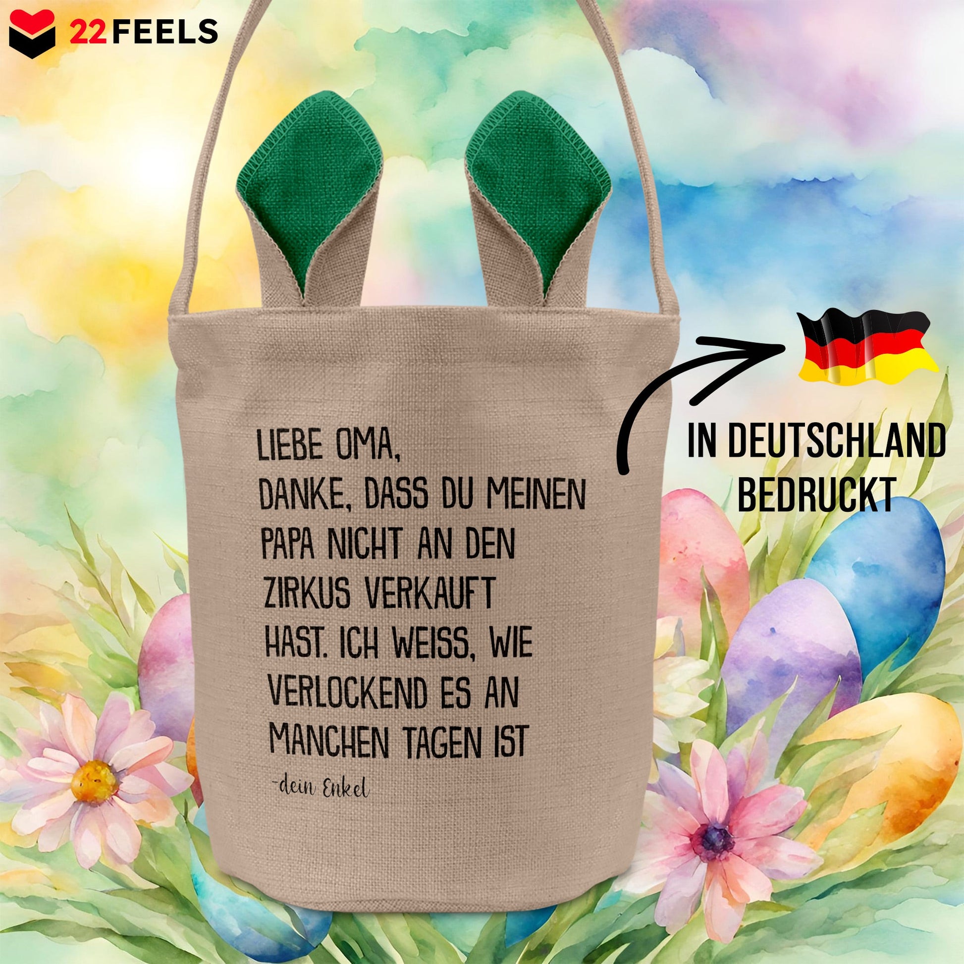 22Feels® Oma Osterkorb von Enkel Grossmutter mit Henkel Ostergeschenk Tragetasche Ostern Deko Osternest Körbchen Hasenohren (Beige/Grün)-Ostern Tragetasche-22Feels