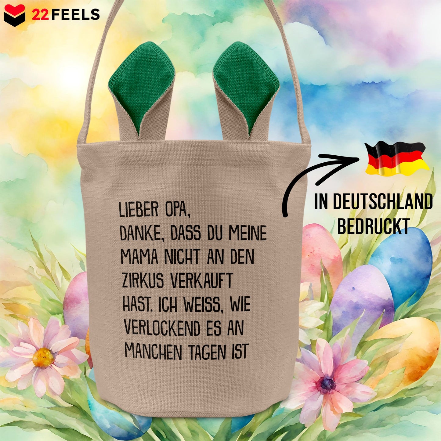 22Feels® Opa Grossvater Osterkorb mit Henkel Ostergeschenk Tragetasche Ostern Deko Osternest Körbchen Hasenohren (Beige/Grün)-Ostern Tragetasche-22Feels