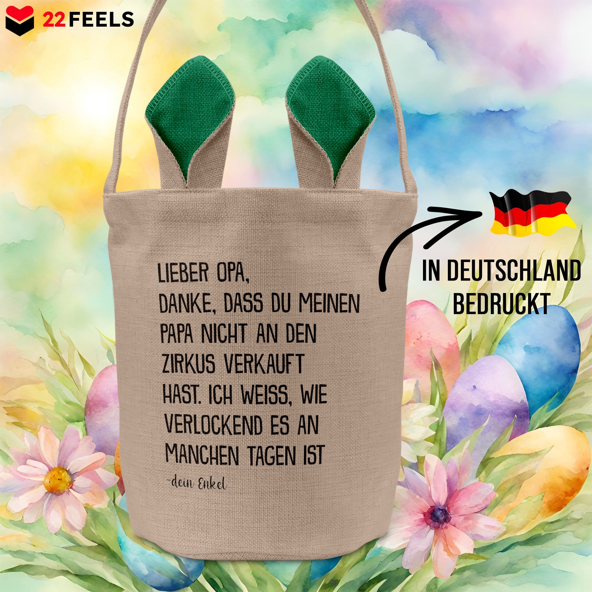 22Feels® Opa Osterkorb von Enkel Grossvater mit Henkel Ostergeschenk Tragetasche Ostern Deko Osternest Körbchen Hasenohren (Beige/Grün)-Ostern Tragetasche-22Feels