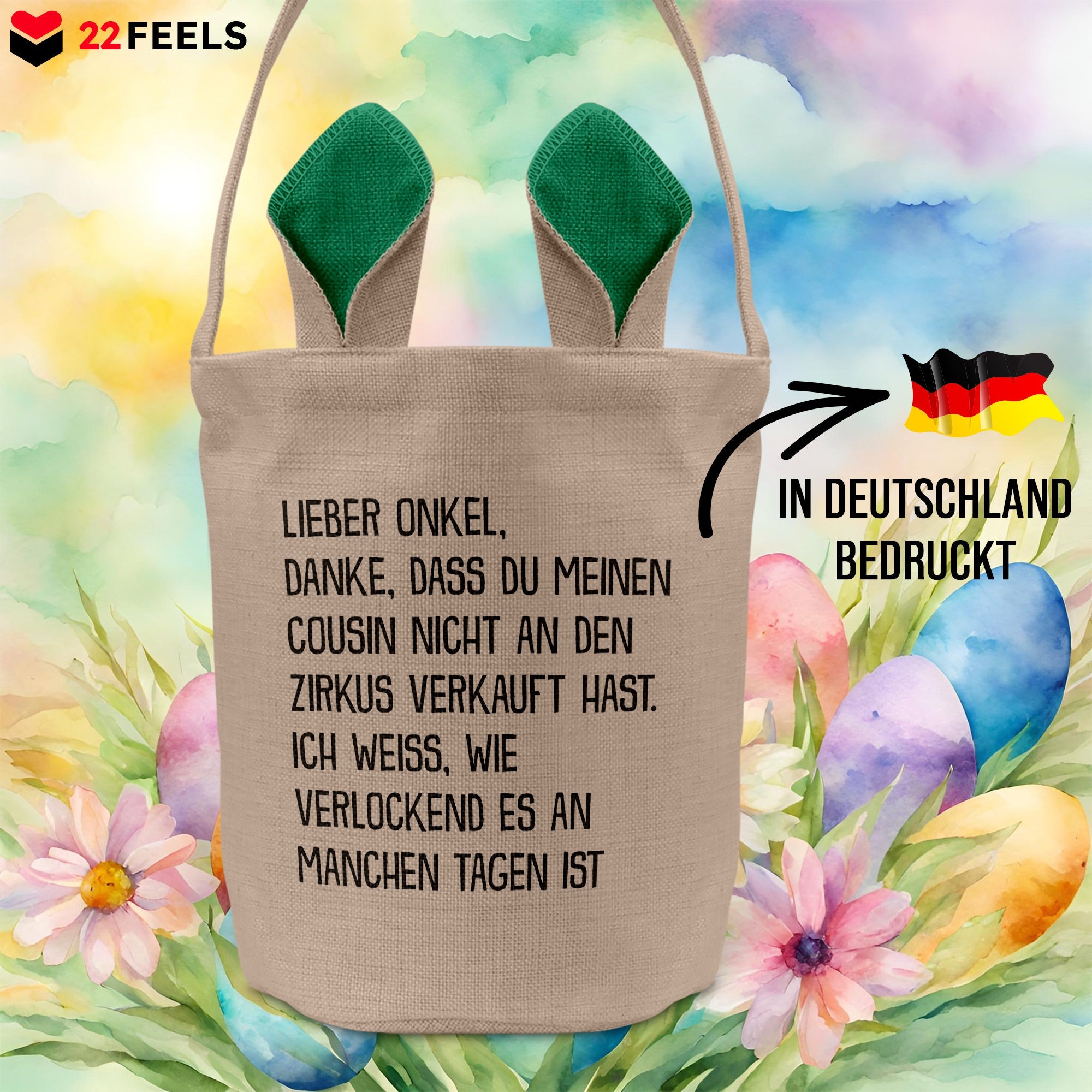 22Feels® Onkel Osterkorb mit Henkel Ostergeschenk Tragetasche Ostern Deko Osternest Körbchen Hasenohren (Beige/Grün)-Ostern Tragetasche-22Feels