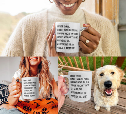 22Feels® Geschenk für Onkel - Tasse mit Spruch: Zirkus Cousine (Weiss, 320ml)-Weisse Tasse 320ml-22Feels