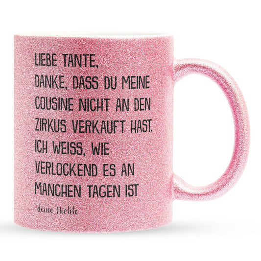 22Feels® Tante Geschenk von Nichte - Glitzertasse mit Spruch (Pink, 320ml)-Glitzertasse Pink 320ml-22Feels