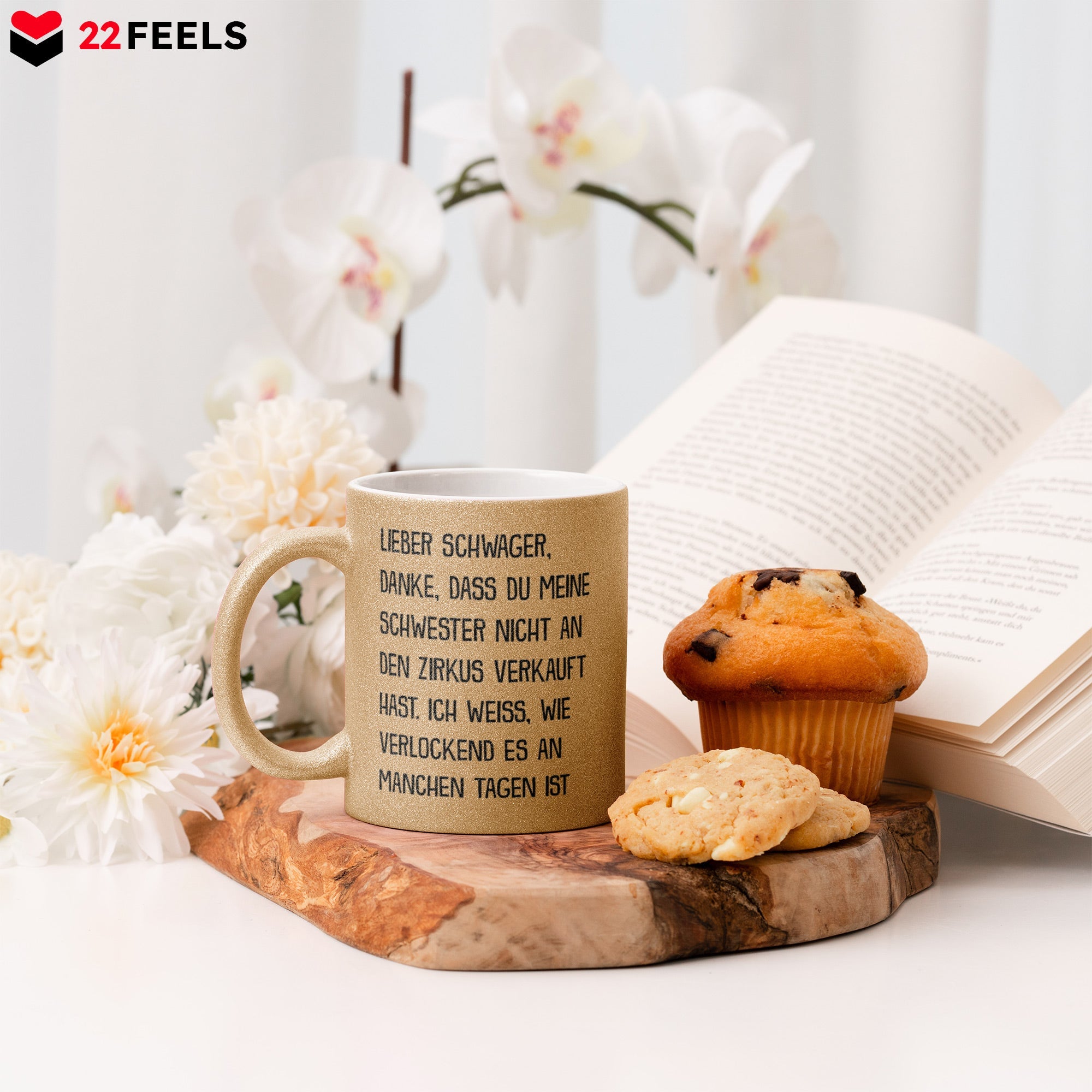 22Feels® Schwager Geschenk - Glitzertasse mit Spruch (Gold, 320ml)-Glitzertasse Gold 320ml-22Feels