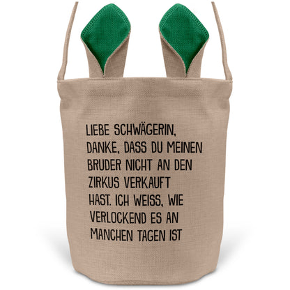 22Feels® Schwägerin Osterkorb -Mein Bruder- mit Henkel Ostergeschenk Tragetasche Ostern Deko Osternest Körbchen Hasenohren (Beige/Grün)-Ostern Tragetasche-22Feels