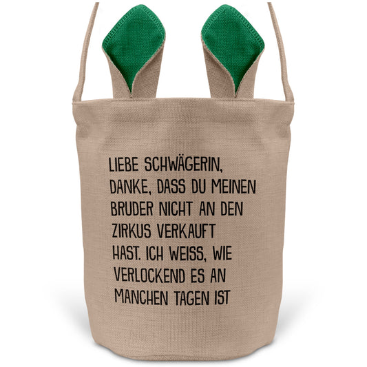22Feels® Schwägerin Osterkorb -Mein Bruder- mit Henkel Ostergeschenk Tragetasche Ostern Deko Osternest Körbchen Hasenohren (Beige/Grün)-Ostern Tragetasche-22Feels