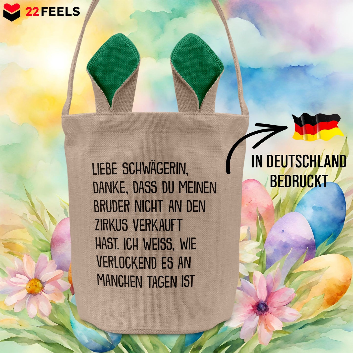 22Feels® Schwägerin Osterkorb -Mein Bruder- mit Henkel Ostergeschenk Tragetasche Ostern Deko Osternest Körbchen Hasenohren (Beige/Grün)-Ostern Tragetasche-22Feels