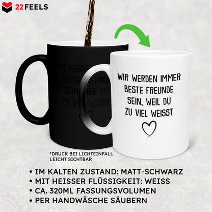 22Feels® Beste Freundin Geschenk - Zaubertasse mit Spruch: Du weisst zu viel (Matt-Schwarz und Weiss, 320ml)-Farbwechsel Tasse Matt 320ml-22Feels