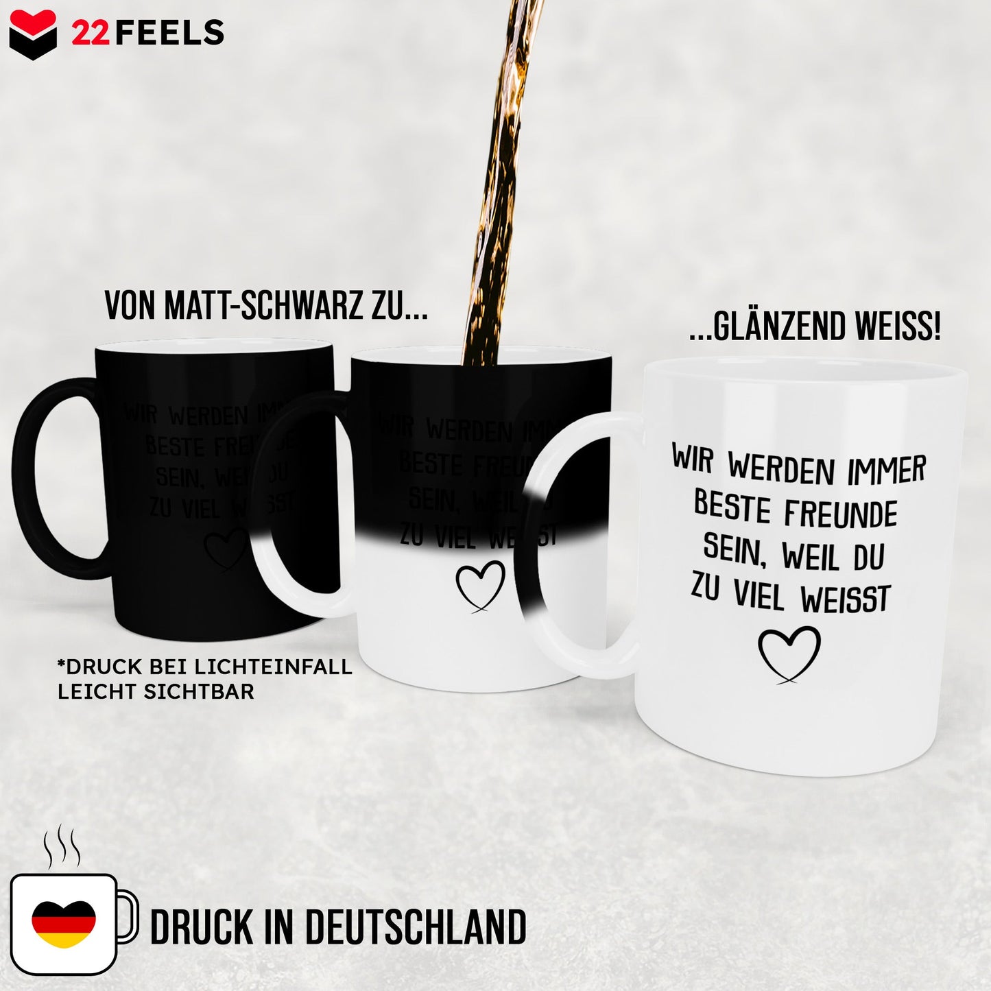 22Feels® Beste Freundin Geschenk - Zaubertasse mit Spruch: Du weisst zu viel (Matt-Schwarz und Weiss, 320ml)-Farbwechsel Tasse Matt 320ml-22Feels