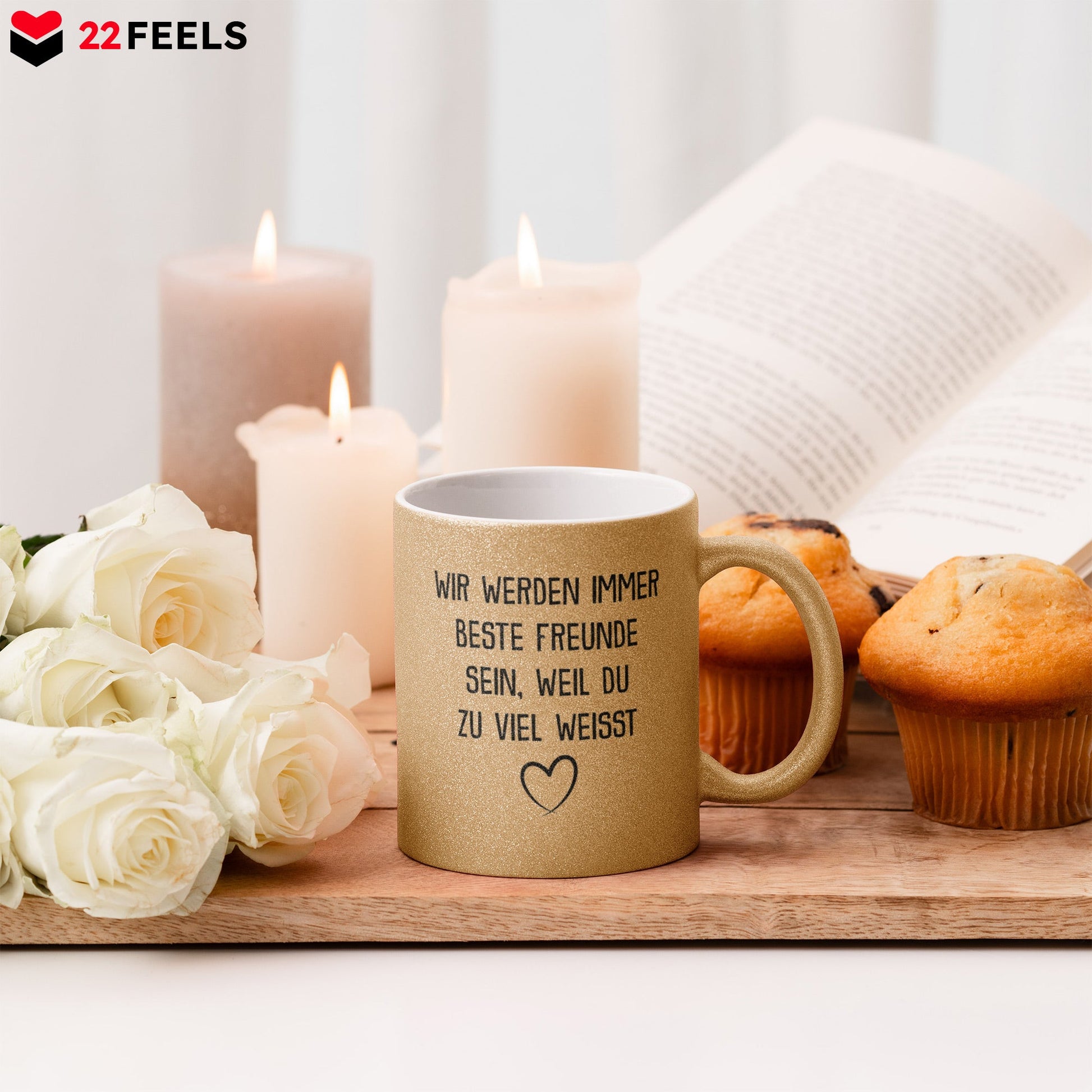 22Feels® Beste Freundin Geschenk - Glitzertasse mit Spruch: Du weisst zu viel (Gold, 320ml)-Glitzertasse Gold 320ml-22Feels