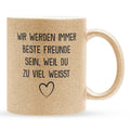 22Feels® Beste Freundin Geschenk - Glitzertasse mit Spruch: Du weisst zu viel (Gold, 320ml)-Glitzertasse Gold 320ml-22Feels