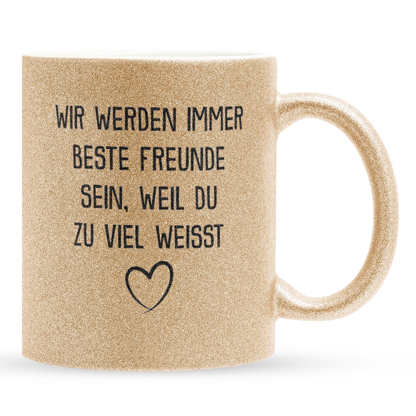 22Feels® Beste Freundin Geschenk - Glitzertasse mit Spruch: Du weisst zu viel (Gold, 320ml)-Glitzertasse Gold 320ml-22Feels