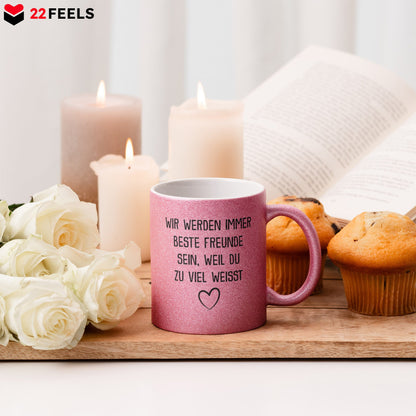 22Feels® Beste Freundin Geschenk - Glitzertasse mit Spruch: Du weisst zu viel (Pink, 320ml)-Glitzertasse Pink 320ml-22Feels