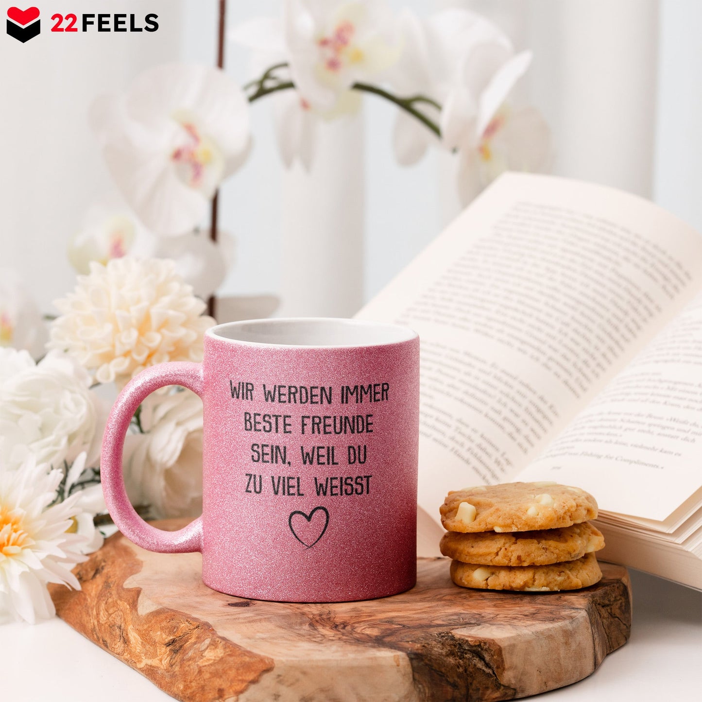 22Feels® Beste Freundin Geschenk - Glitzertasse mit Spruch: Du weisst zu viel (Pink, 320ml)-Glitzertasse Pink 320ml-22Feels