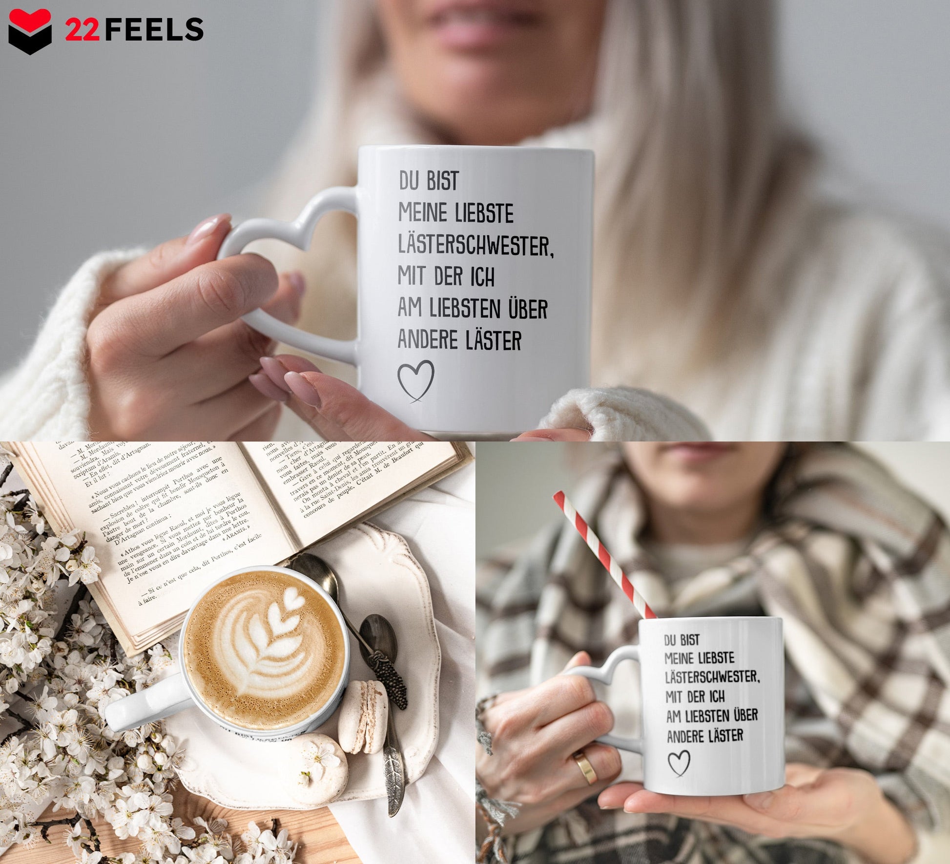 22Feels® Geschenk für Beste Freundin - Tasse mit Spruch: Liebste Lästerschwester (Herzhenkel, Weiss, 320ml)-Tasse Weiss Herzhenkel 320ml-22Feels