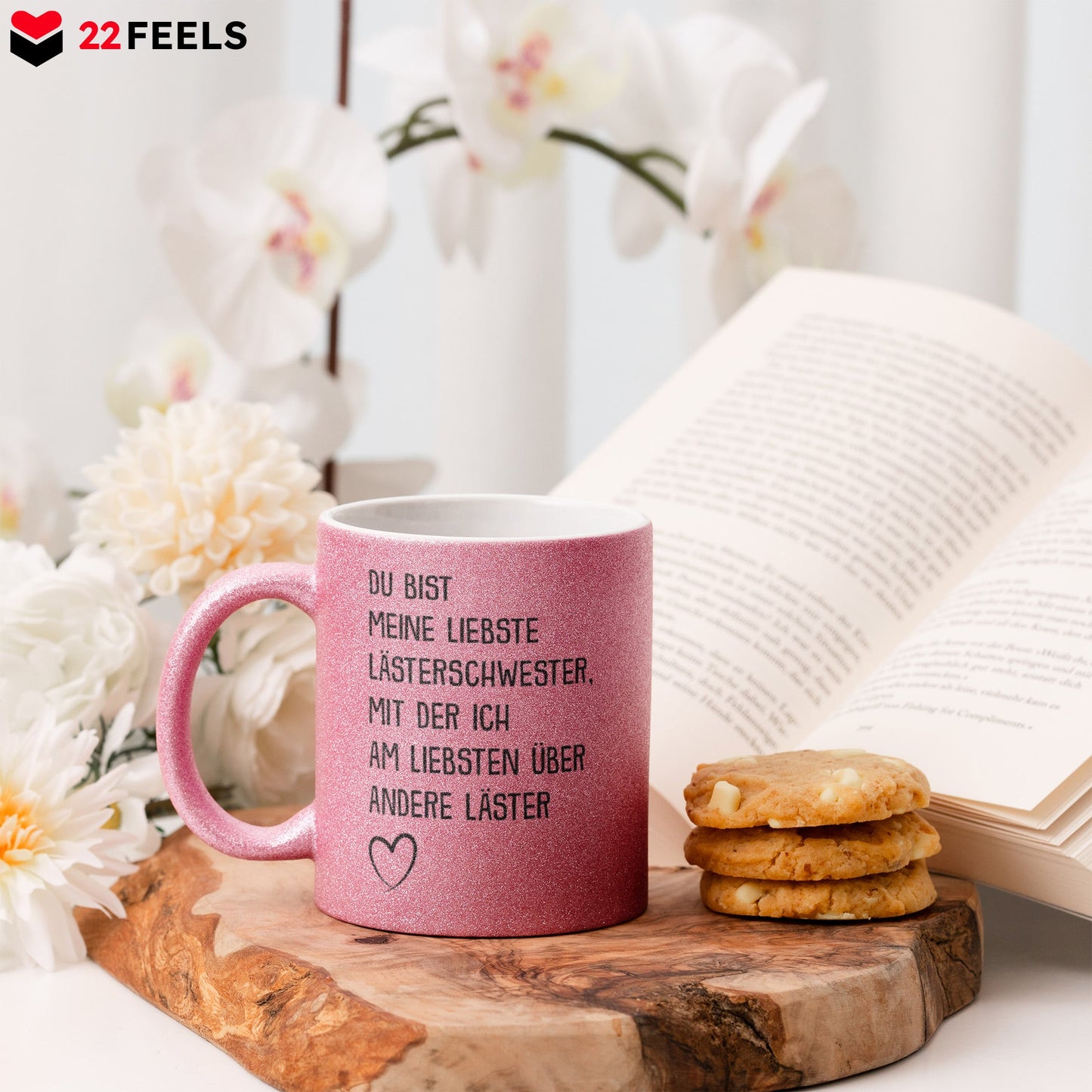 22Feels® Beste Freundin Geschenk - Glitzertasse mit Spruch: Lästern (Pink, 320ml)-Glitzertasse Pink 320ml-22Feels