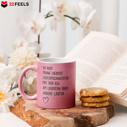 22Feels® Beste Freundin Geschenk - Glitzertasse mit Spruch: Lästern (Pink, 320ml)-Glitzertasse Pink 320ml-22Feels