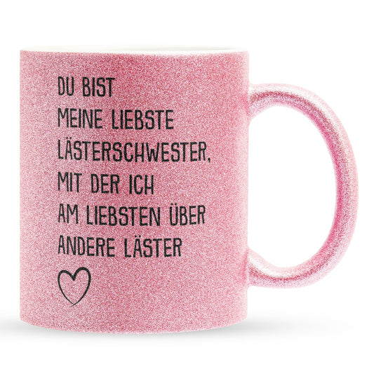 22Feels® Beste Freundin Geschenk - Glitzertasse mit Spruch: Lästern (Pink, 320ml)-Glitzertasse Pink 320ml-22Feels