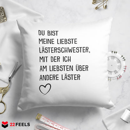 22Feels® Beste Freundin Geschenk - Kissen mit Spruch: Lästern (Weiss 40x40cm)-Kissen Weiss 40x40-22Feels