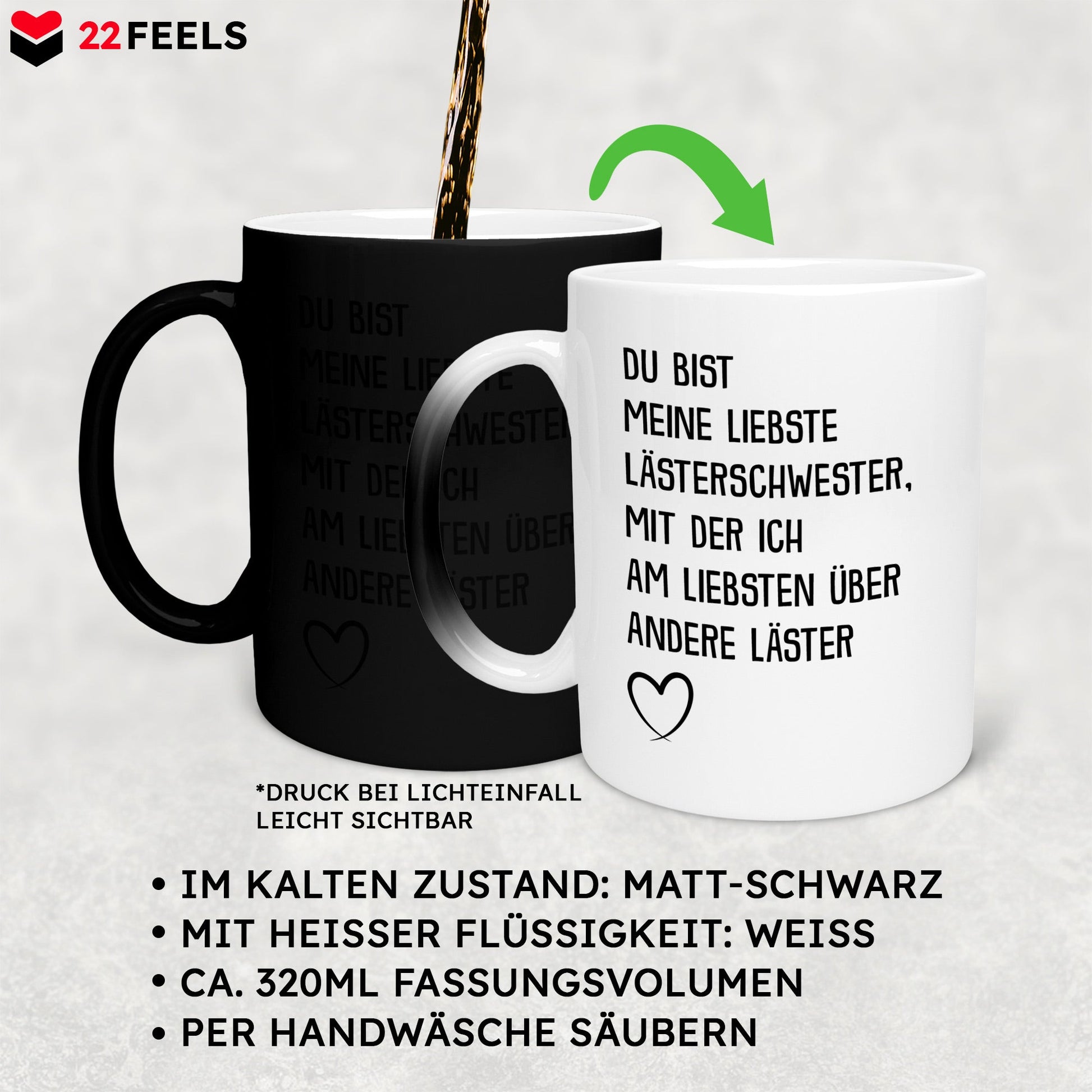22Feels® Beste Freundin Geschenk - Zaubertasse mit Spruch: Lästern (Matt-Schwarz und Weiss, 320ml)-Farbwechsel Tasse Matt 320ml-22Feels