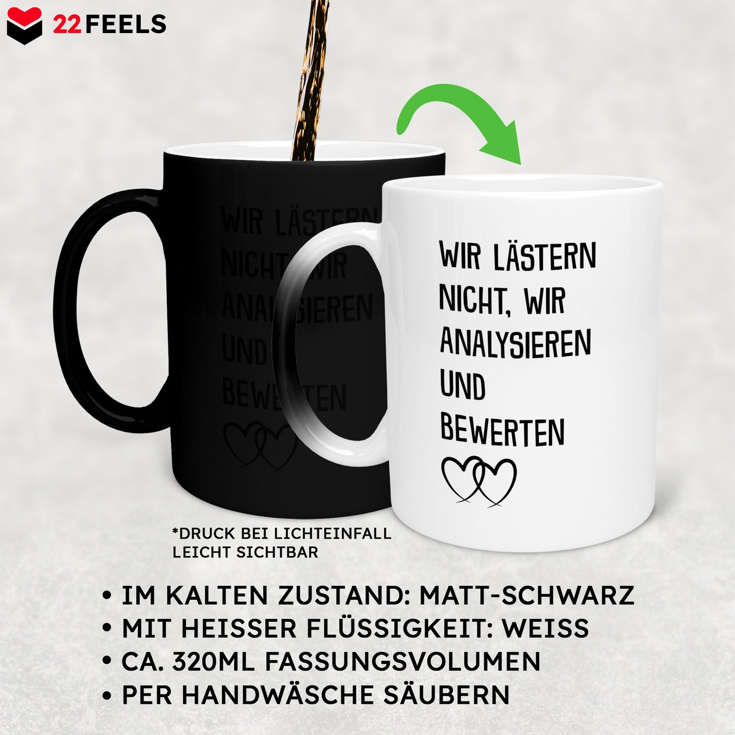 22Feels® Beste Freundin Geschenk - Zaubertasse mit Spruch: Wir lästern nicht (Matt-Schwarz und Weiss, 320ml)-Farbwechsel Tasse Matt 320ml-22Feels