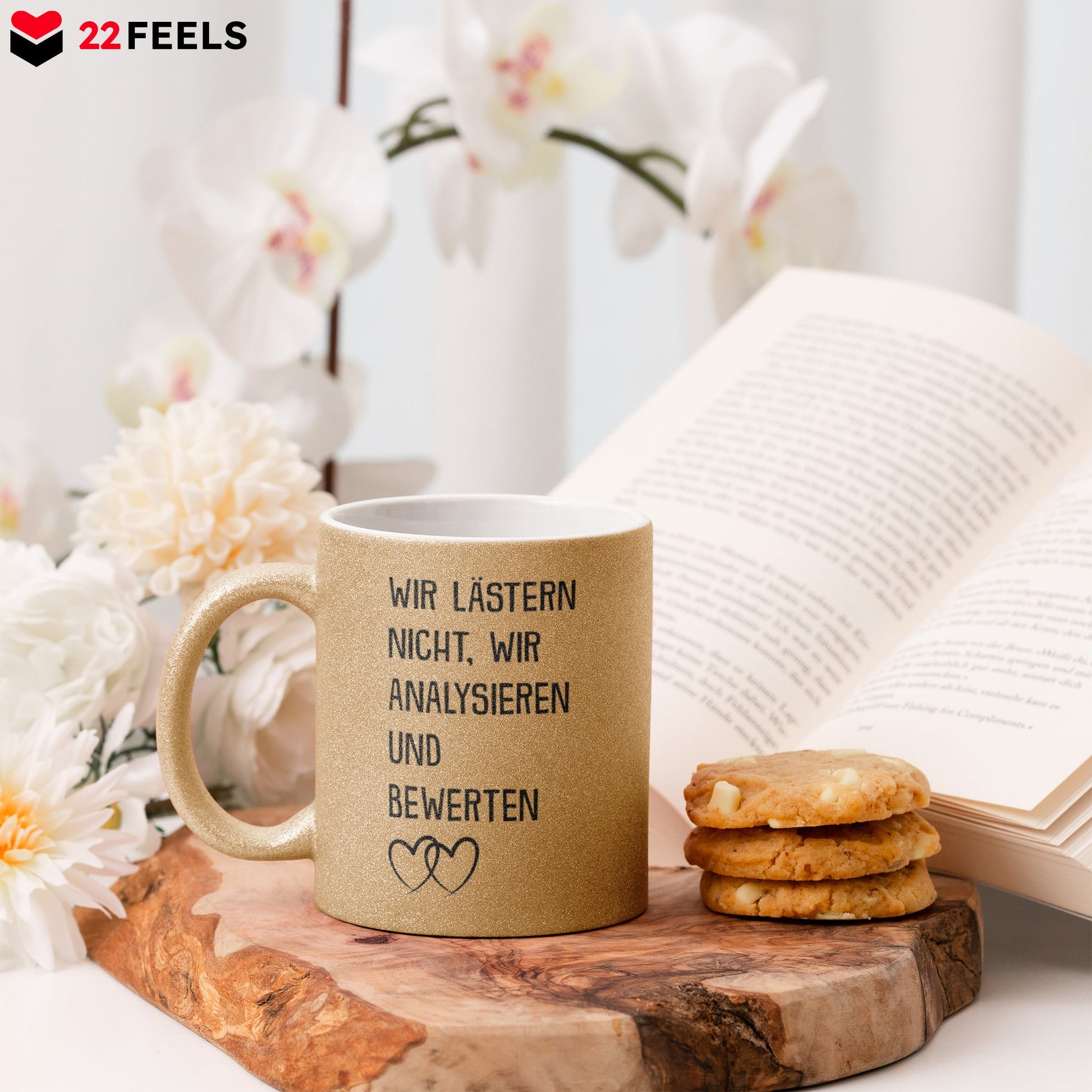 22Feels® Beste Freundin Geschenk - Glitzertasse mit Spruch: Wir lästern nicht (Gold, 320ml)-Glitzertasse Gold 320ml-22Feels