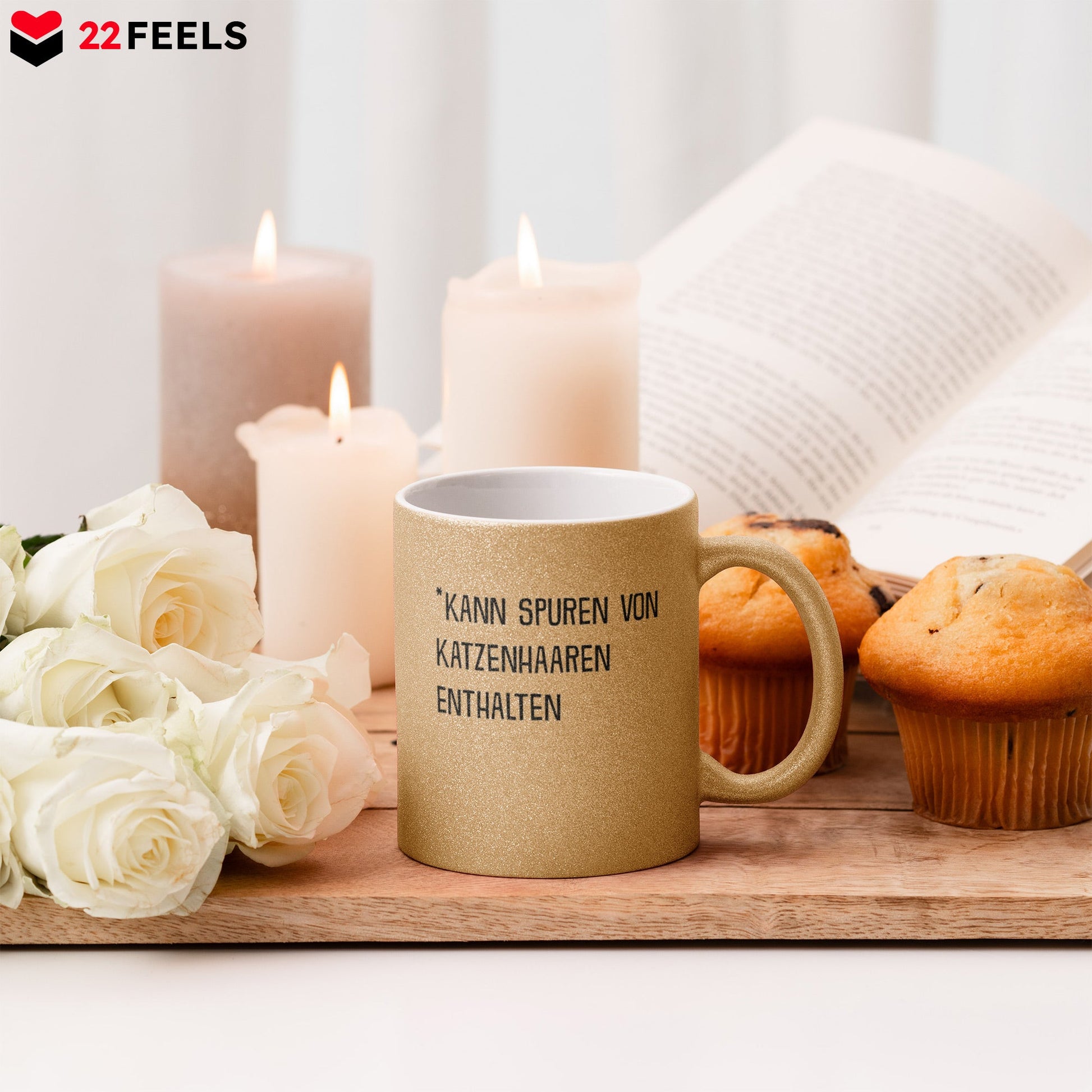 22Feels® Geschenk für Katzenfans - Glitzertasse mit Spruch: Kann Spuren Von Katzenhaaren Enthalten (Gold, 320ml)-Glitzertasse Gold 320ml-22Feels