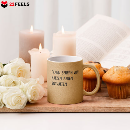 22Feels® Geschenk für Katzenfans - Glitzertasse mit Spruch: Kann Spuren Von Katzenhaaren Enthalten (Gold, 320ml)-Glitzertasse Gold 320ml-22Feels