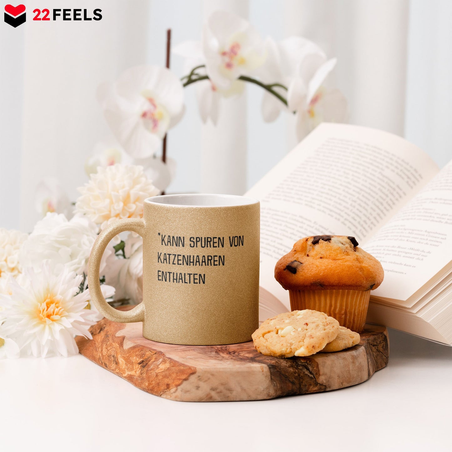 22Feels® Geschenk für Katzenfans - Glitzertasse mit Spruch: Kann Spuren Von Katzenhaaren Enthalten (Gold, 320ml)-Glitzertasse Gold 320ml-22Feels