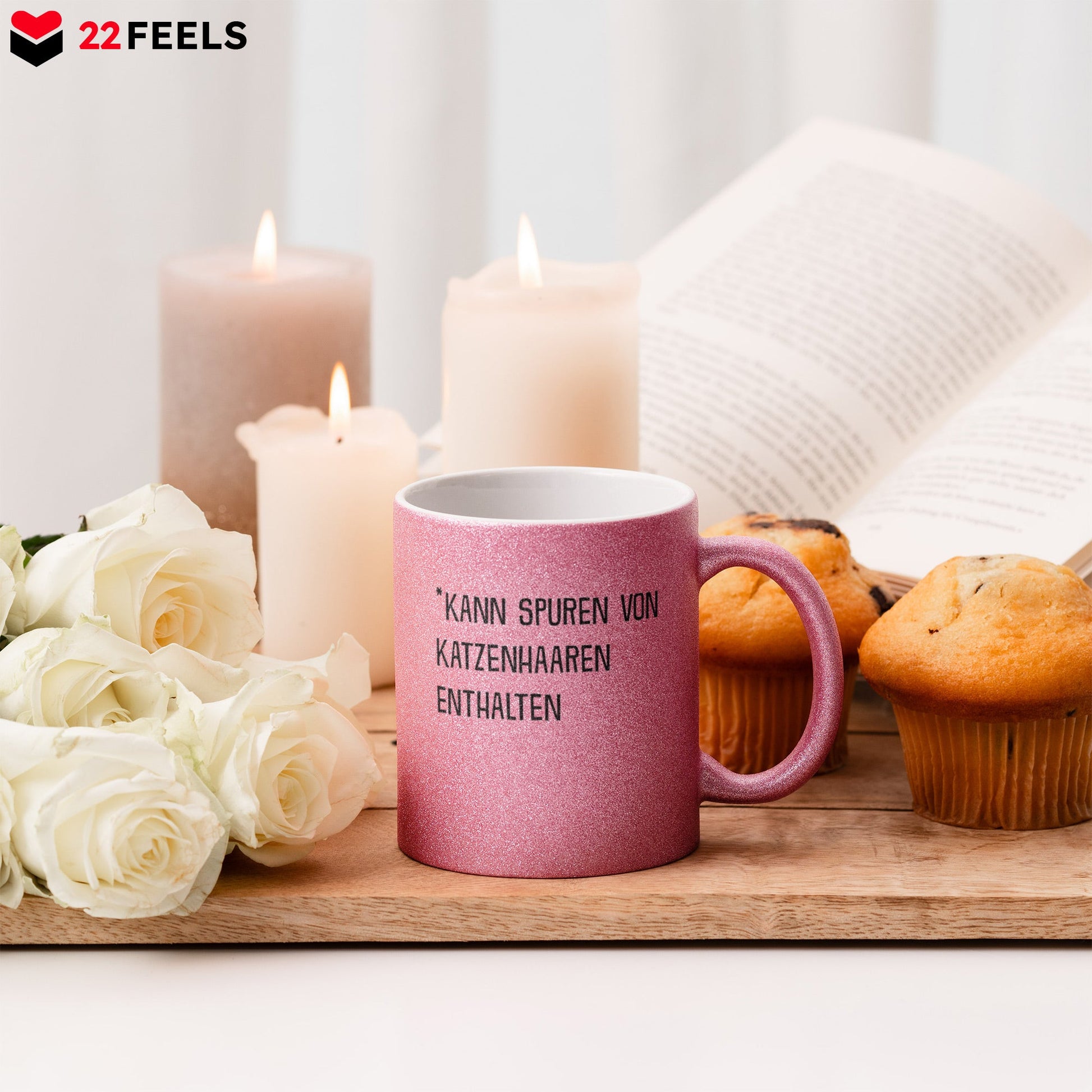 22Feels® Geschenk für Katzenfans - Glitzertasse mit Spruch: Kann Spuren Von Katzenhaaren Enthalten (Pink, 320ml)-Glitzertasse Pink 320ml-22Feels