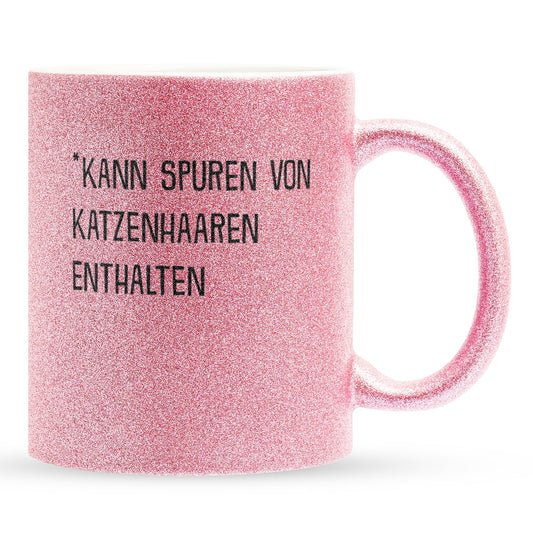 22Feels® Geschenk für Katzenfans - Glitzertasse mit Spruch: Kann Spuren Von Katzenhaaren Enthalten (Pink, 320ml)-Glitzertasse Pink 320ml-22Feels