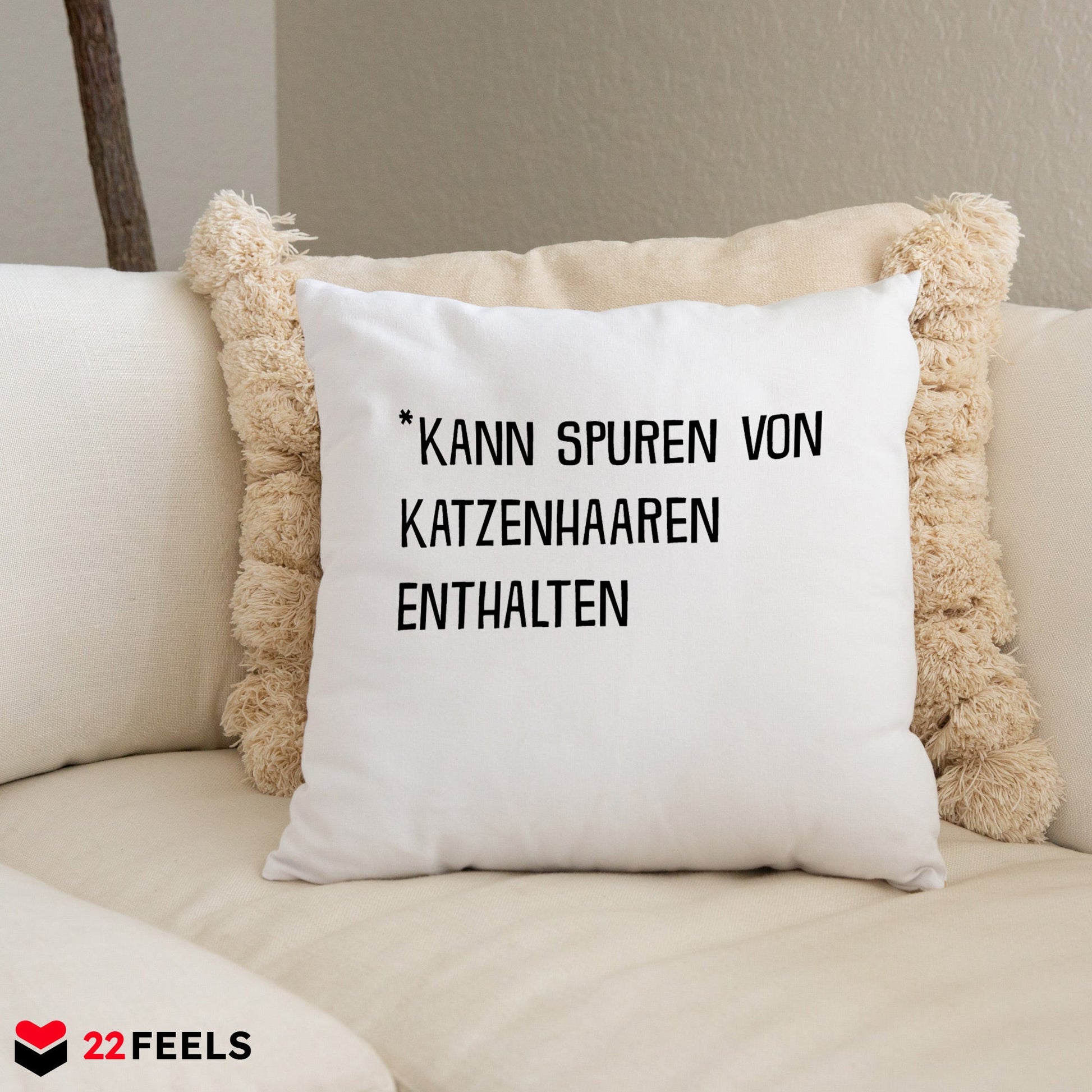 22Feels® Geschenk für Katzenfans - Kissen mit Spruch: Kann Spuren Von Katzenhaaren Enthalten (Weiss 40x40cm)-Kissen Weiss 40x40-22Feels