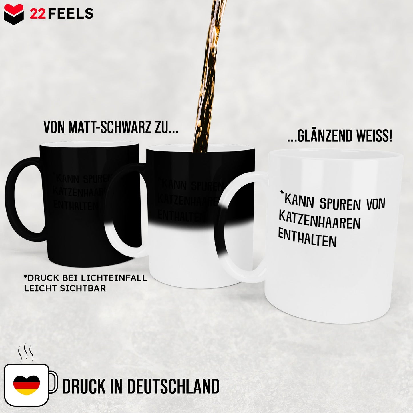22Feels® Geschenk für Katzenfans - Zaubertasse mit Spruch: Kann Spuren Von Katzenhaaren Enthalten (Matt-Schwarz und Weiss, 320ml)-Farbwechsel Tasse Matt 320ml-22Feels