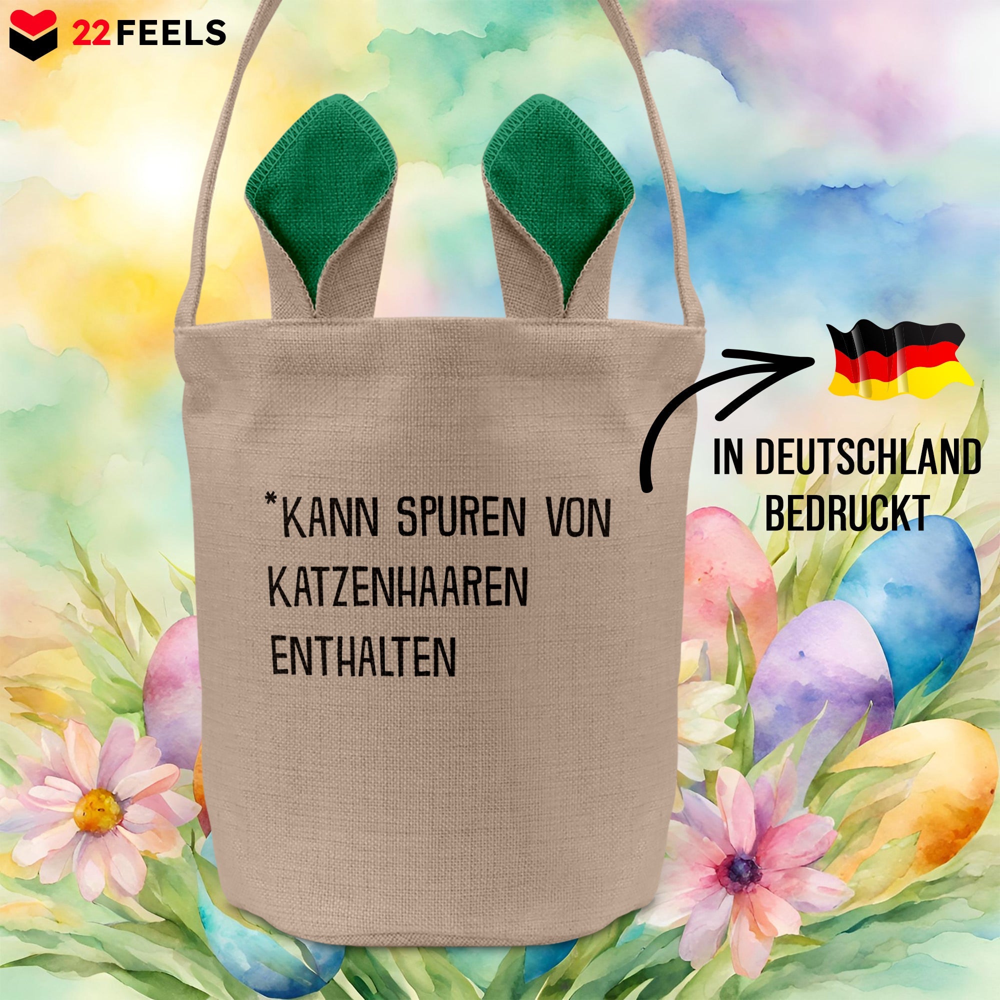 22Feels® Lustiger Osterkorb mit Henkel Katze Frauen Männer mit Henkel Ostergeschenk Tragetasche Ostern Deko Osternest Körbchen Hasenohren (Beige/Grün)-Ostern Tragetasche-22Feels