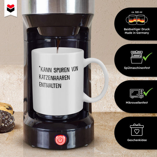 22Feels® Geschenk für Katzenfans - Tasse mit Spruch: Kann Spuren Von Katzenhaaren Enthalten (Weiss, 320ml)-Weisse Tasse 320ml-22Feels