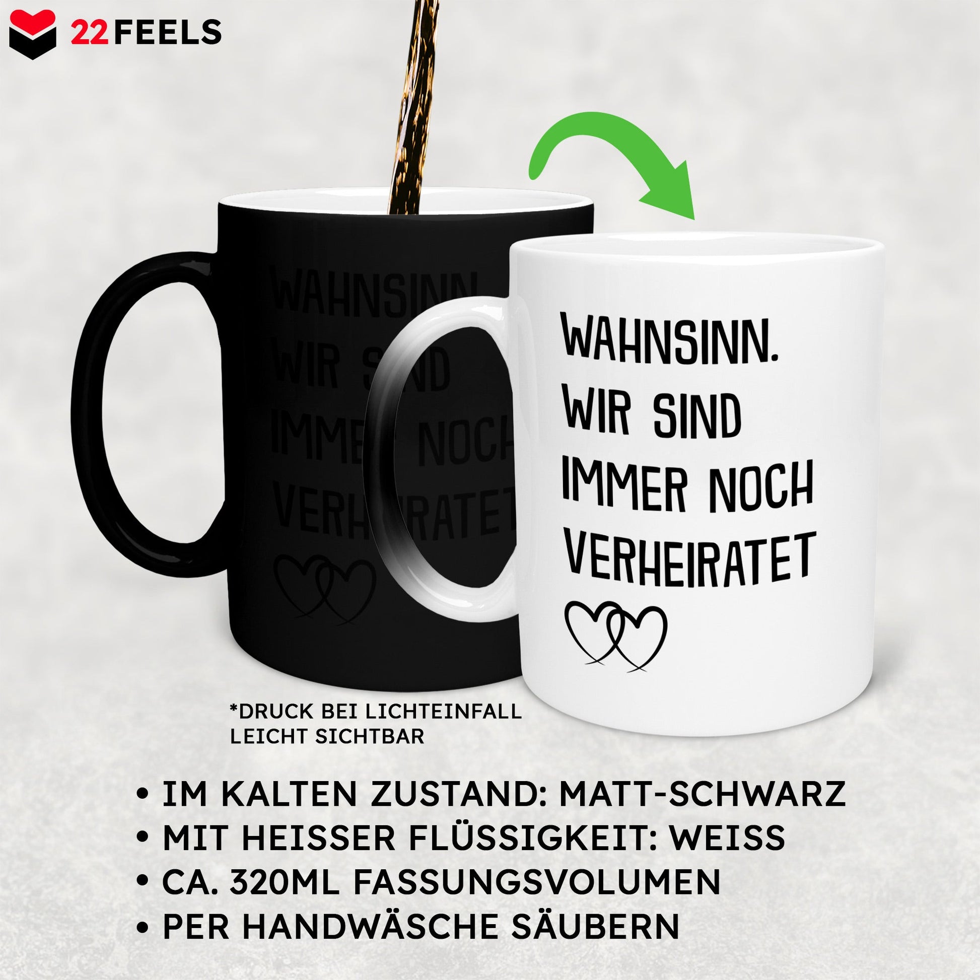 22Feels® Ehepaar Geschenk zum Hochzeitstag, Valentinstag etc. - Zaubertasse mit Spruch (Matt-Schwarz und Weiss, 320ml)-Farbwechsel Tasse Matt 320ml-22Feels