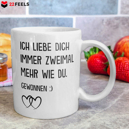 22Feels® Geschenk für Paare - Tasse mit Spruch: Ich Liebe Dich Immer Zweimal Mehr (Weiss, 320ml)-Weisse Tasse 320ml-22Feels