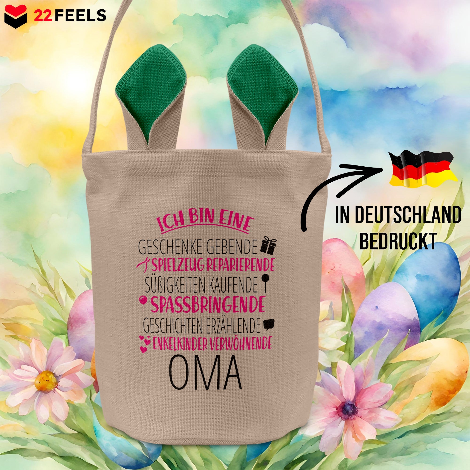22Feels® Oma Grossmutter Osterkorb mit Henkel Ostergeschenk Tragetasche Ostern Deko Osternest Körbchen Hasenohren (Beige/Grün)-Ostern Tragetasche-22Feels