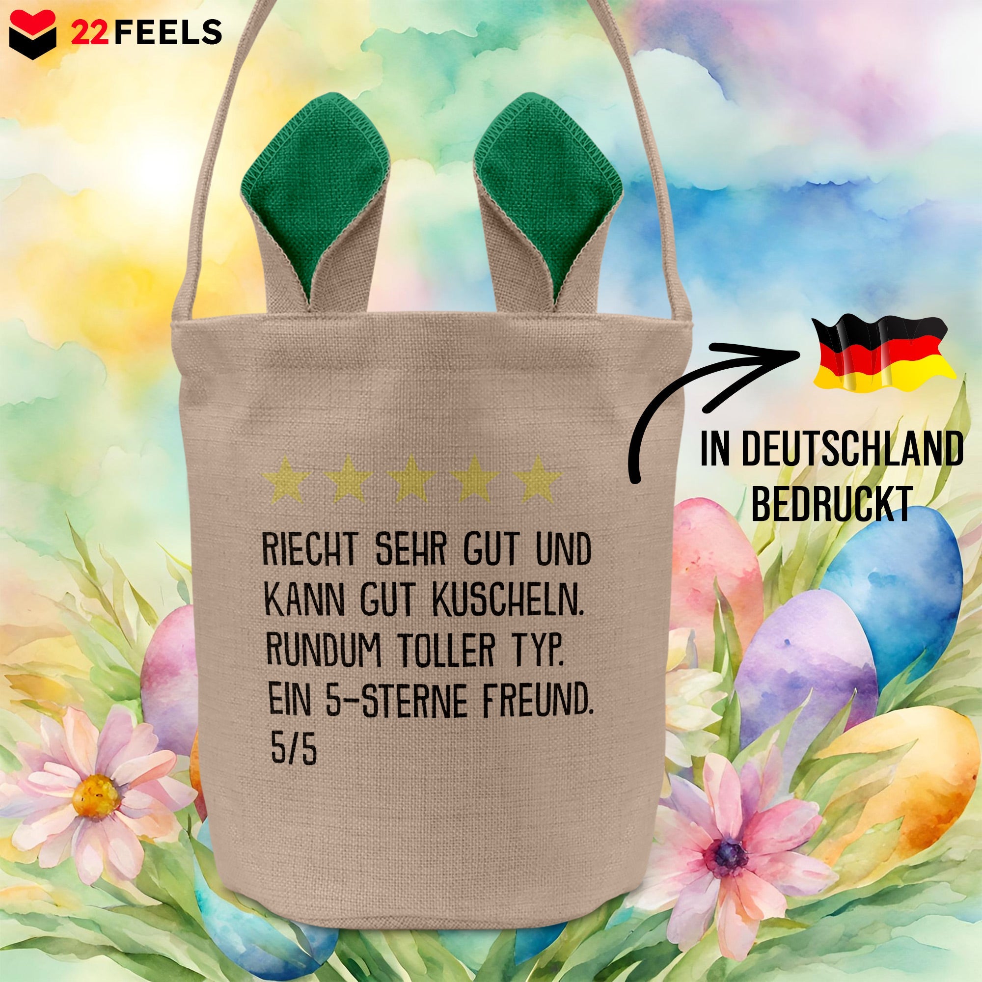 22Feels® Freund Paar Osterkorb mit Henkel Ostergeschenk Tragetasche Ostern Deko Osternest Körbchen Hasenohren (Beige/Grün)-Ostern Tragetasche-22Feels